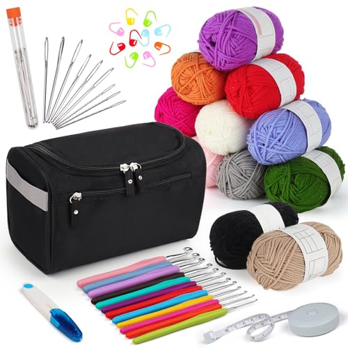 Aeelike Häkelset für Anfänger mit Häkelgarn, Nützliches Starter Häkeln für Anfänger, 2,0-8,0 mm Ergonomische Weicher Griff Häkelnadeln Set, Schwarze Häkeltasche, Häkelzubehör