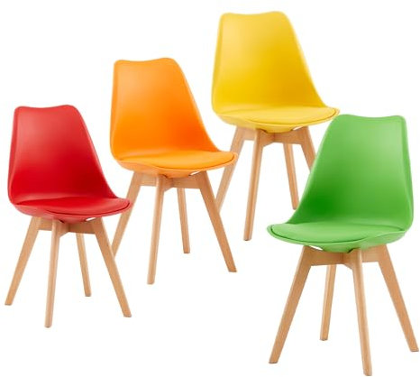 EGGREE 4er Set Esszimmerstühle Gewerbestuhl mit Massivholz Buche Bein SGS Geprüfter Skandinavisch Design Gepolsterter Stuhl Küchenstuhl Holz,Gelb+Rot+Grün+Orange