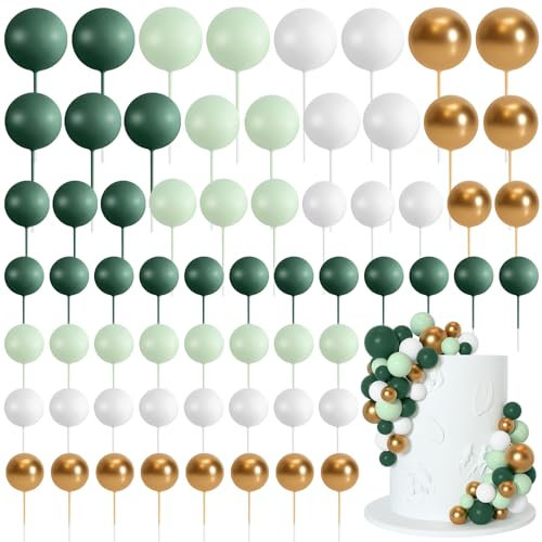Bouiexye 75 Pcs Cake Ball Toppers & Decorations - Foam Cupcake Toppers, Mini Balloon Cake Balls & Picks for Birthday Party & Wedding (Green, Gold, White)