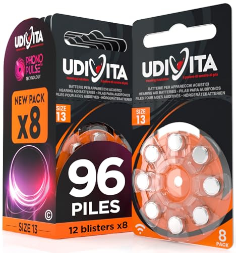 96 Batterie per Apparecchi Acustici Udivita Misura 13 (Arancioni) PR48 con Phono Pulse Technology - 12 Blister da 8 Pile