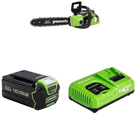 Greenworks Cordless 40V 35cm Chainsaw with Brushless Motor + Greenworks 40V 4Ah Battery 2 Pieces + Greenworks 40V 5A Rapid Charger