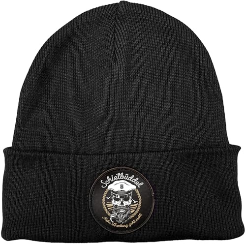SCHIETBÜDDEL Strickmütze schwarz Bio Baumwolle mit Logo Badge | Warme Wintermütze aus Bio-Baumwolle, nachhaltig produziert, stylischer Logo Badge, ideal für Alltag und kalte Tage