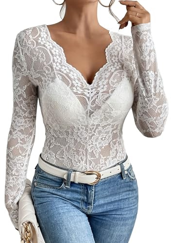 FEOYA Top in Pizzo da Donna Sexy Trasparente Camicetta Elegante Maglia Manica Lunga Floreale Pizzo Shirt con Scollo V Bianco S