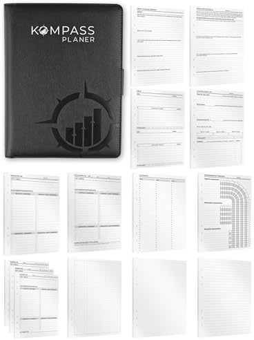 KOMPASS® Ringbuch A5 Nachfüllbar | Ringordner A5 Binder Planungs-Set inkl. 466 Einlagen | Erfolgsjournal Journaling To-Do-Planer, Wochenplaner, Terminplaner, Kalender, Bullet Journal, Habit Tracker