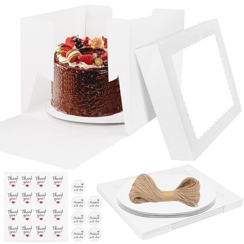 Byffoer 5 Stück Tortenkarton mit Tortenbrett für Stufenkuchen,Tortenschachtel 25.4x25.4x 20.3cm,Weiß Tortenbox Tortenschachtel Kuchenkarton Kuchenbox für Geburtstag Dessert