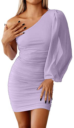 Robe d'été courte sexy à manches longues et bouffante pour femme, lilas, S