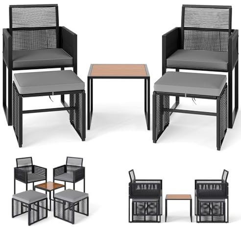 LIFEZEAL 5er Set Rattan Gartenmöbel Set, Balkonmöbel inkl. 2 Gartensessel mit Hockern und Couchtisch, Lounge-Set mit abnehmbaren Kissen, Terrassenmöbel Gartengarnitur Sitzgruppe Outdoor