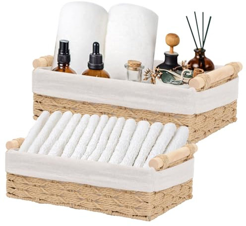 2 Piezas Cesta de Almacenamiento, Cestas Almacenaje Baño Tejidas Estilo Bohemio Cesta Rectangular Trenzada con Mango de Madera Para Dormitorio, Armario, Juguetes, Maquillaje (Beige)