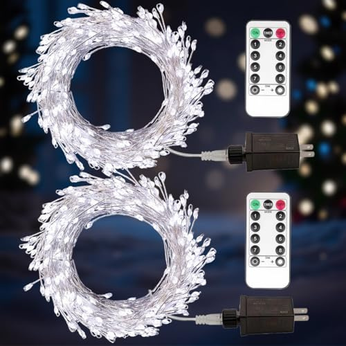 WEGRASY Firecracker Fairy Lights Plug in,2 Pack 20ft 200LEDs Silver Wire Cluster String Lights,8 Modes Remote Twinkle Light for Outdoor Indoor Garden Bedroom Christmas Tree Holiday,Cool White
