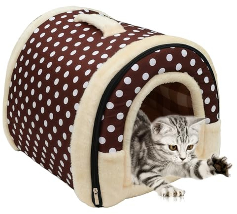 37 * 32 * 30cm Hundehütte Indoor, Hundehöhle Kleine, Katzen Höhlenbett mit Plüsch Katzenkissen, 2 in 1 waschbares Hundebett, Faltbares Haustierhaus für Kätzchen, Welpe, Kaninchen und Meerschweinchen