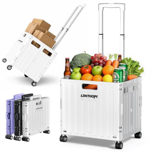 LDHTHOPI Einkaufstrolley klappbar 65L,MAX 50KG Trolley mit Teleskopgriff,4 Zerlegbaren Drehbaren Rädern,100 x 42 x 37 Hohe Kapazität Einkaufstrolley,für Einkaufen Picknick Aufbewahrungskiste,Weiß