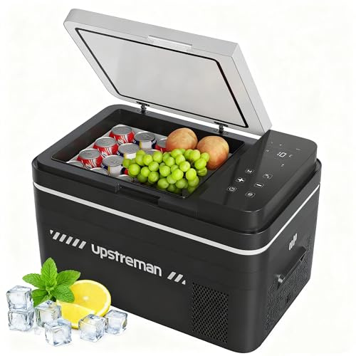 Upstreman 30L Glacière à Compression, 12/24V & 220V Frigo de Voiture,-20℃~20℃ Glaciere Compression avec Éclairage LED, Réfrigérateur Portable de Voiture, Camion, Camping, Noir, AR30