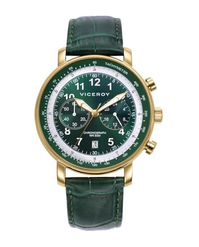 Viceroy Magnum 401449-64 – Reloj Hombre Cronógrafo Analógico, Caja Acero IP Gold 40mm, Esfera Verde, Correa de Piel Verde