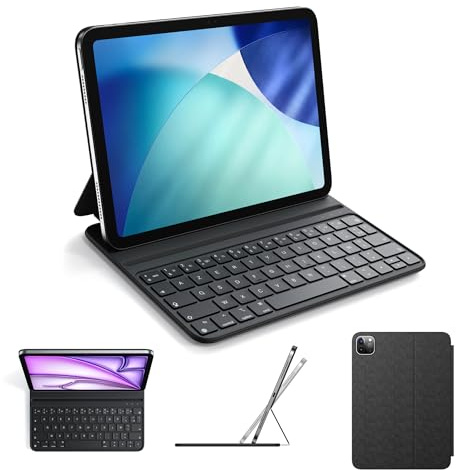 HOU Étui Clavier Smart Folio pour iPad Pro 11 4e/3e/2e/1re génération | pour iPad Air 11″ M4/M3/M2,Air 5/4e génération, fin et léger, semi-silicone, 2 angles de vue, AZERTY, Noir