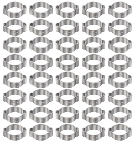 sourcing map 40pcs Double Ear Hose Clamp 14-17 mm 304 Stainless Steel Hose Clamp Double Ear O Clips Crimp Rings for Fuel Line Pipe Tube Fitting Connections, Silver