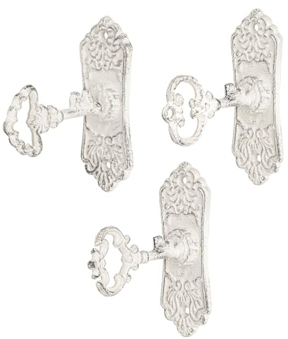 Sungmor 3Pcs Vintage Cast Iron Coat Hooks,Heavy Duty Skeleton Key-Shaped Wall Hooks,Ornate Decorative Hanger for Coats, Hats, Bags - Rustic White Finish