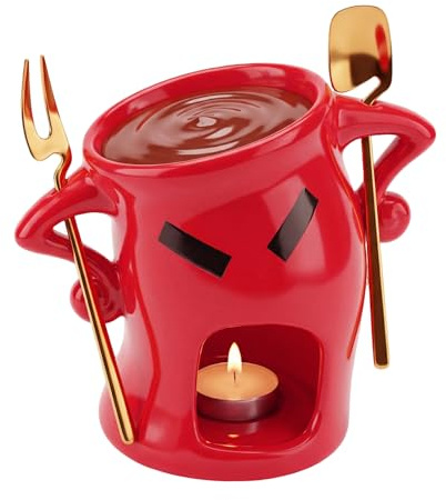 Schokofondue Tasse - Keramik Schokoladenfondue Set mit Löffel und Gabel, Einzigartiges Design mit Haltung für Valentinstag Dekoration, Schokoladen Schmelzschale für Käse Butter, Rot 30ml 19x14x10cm