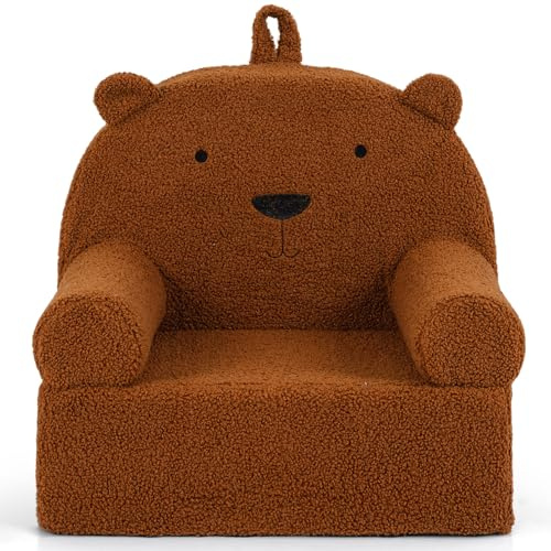 COSTWAY Barnsoffa i björnform, barnfåtölj vadderad med handtag av skum och teddytyg, barnsoffa med tvättbart överdrag, leksoffa för barn från 3 år, brun