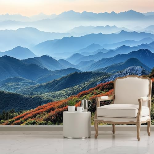 Papel Pintado Fotomural montañas y arbustos 450 x 315 cm azul pared salón dormitorio infantil mural decorativo moderno