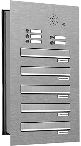 AL Briefkastensysteme 5 er Briefkasten Mauerdurchwurf in V2A Edelstahl mit Klingel, 5 Fach DIN A4, wetterfeste Premium Briefkastenanlage Postkasten