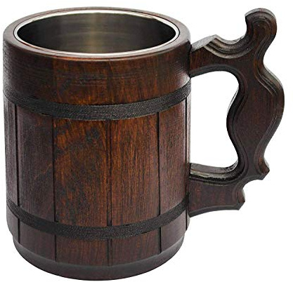 Etno Motif Handmade Wood Mug 20 oz Stainless Steel Cup Carved Natural Beer Stein Old-Fashioned Brown - Wood Carving Beer Mug Wooden Beer Mug with Metal Insert - The Perfect Gift Idea!