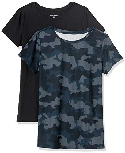 Amazon Essentials T-Shirt Tecnica Girocollo Elasticizzata Asciugatura Rapida (Anche in Taglie Forti) Donna, Pacco da 2, Blu Marino Mimetica/Nero, S