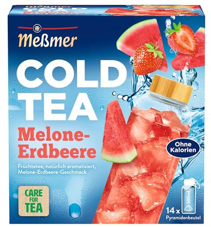 Meßmer Cold Tea Melone-Erdbeere – Kaltaufguss mit 14 Pyramidenbeuteln | Erfrischend kalter Früchtetee mit Minze und Melone-Erdbeere-Aroma, ohne Zuckerzusatz, für unterwegs – 1 Beutel für 500 ml