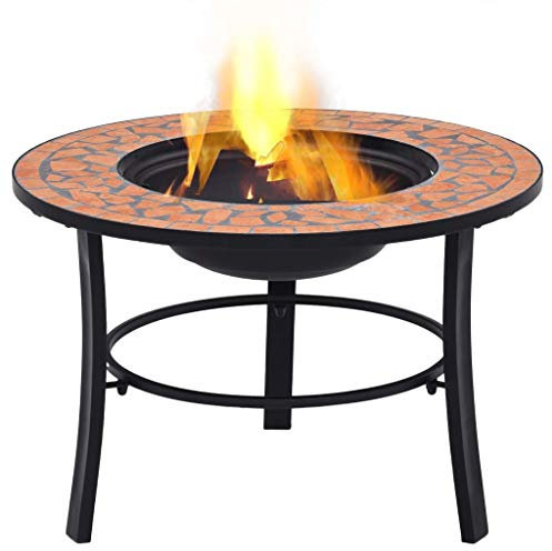 Bulufree Mosaik-Feuerstelle Terrasse Feuerrost Funkenfluggitter Feuerkorb Firepit Feuerschale für Heizung Terracotta-Rot 68 cm Keramik