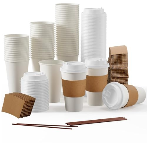 JOLLY PARTY [100 Pack] 16 oz Paper Coffee Cups, Disposable Paper Coffee Cup with Lids, Sleeves, and Stirrers, Hot/Cold Beverage Drinking Cup for Water, Juice or Tea, Suitable for Home,Shops and Cafes