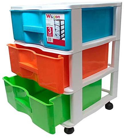 Tradineur - Cajonera con Ruedas Modelo Wagon - Fabricado en Plástico - Contenedor para guardar documentos para oficina u hogar - 3 Cajones Colores Surtidos - 51,5 x 36,5 x 38 cm - Multicolor