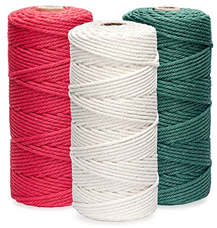 ilauke 3 Rolls Macrame Cord 3mm x 100m, Natural Macrame Cotton Cord DIY Craft Cord Cotton Rope for Wall Hanging, Plant Hangers, Crafts, Knitting, Decorative Projects (Red Beige Green)