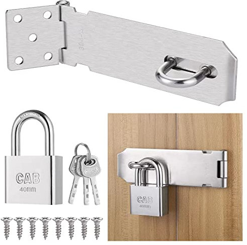 Edelstahl Riegelschloss Haspe mit Vorhängeschloss & Schrauben, Türriegel für Gartentor, Nicht-verformbares Türschloß für Holztür, Schuppenschloss für Schlafzimmer Schrank Garagentor (5 Zoll)