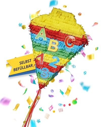 Party Factory – Pinata Schultüte bunt für Jungen & Mädchen zum Befüllen & aufhängen – Schlag-Piñata als Party Deko in 36x48 cm für Geburtstag & Mottopartys – Partyspiel Motiv-Pinjata für Kinder