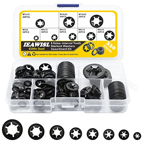 Internal Tooth Starlock Washers, 330PCS 8 Size Quick Speed Locking Washers, Push Nuts, 65Mn Steel Flanged M7 and Regular M3/M4/M5/M6/M8/M10/M12 Retainning Clips Fasteners Assortment Kit
