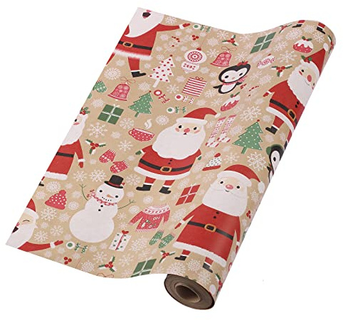 HBell Christmas Wrapping Paper Roll, 43cm x 15m, Kraft Paper with White Star, Dots, Christmas Trees, Moose, Snowflake, Santa Claus Pattern, Perfect for Wrapping, New Year, Festival, Party Decorations