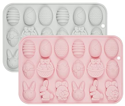 2PCS Easter Molds Food Grade Candy Maker Homemade Chocolate Cookies Reusable Baking Molds 18 Easter Elements DIY Non-Stick Kitchen Kids Candy Wax Melting Molds