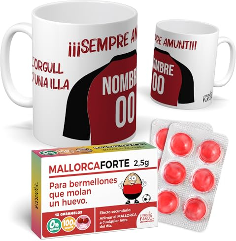 mundohuevo Taza Personalizada Mallorca | Tazas + Caramelos divertidos | Regalo Original para Verdaderos Bermellones | Cosas de Fútbol para Niños | Regalos Camiseta (RCD Mallorca)
