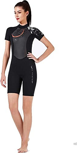 Damen Shorty Neoprenanzug, Chinesischer Stil 1,5 mm Neopren Damen Einteiliger Tauchanzug Ultra Stretch UV-Schutz Siamesische Neoprenanzüge,Blau,M (Black Schwarz M)