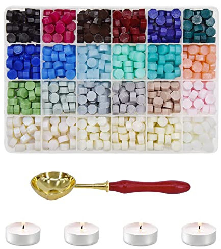 Set Wachsschmelzer, Siegelwachs Perlen Set, 600 Stück Siegelwachs Perlen Set, 24 Farben Siegelwachsperlen mit 4 Weißen Kerzen (A) (H)