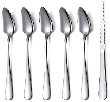 Grapefruit Spoons 6 Pieces Set, 5 Stainless Steel Grapefruit Spoon and 1 Grapefruit Knife with Titanium Plating, Grapefruit Utensil Set, Silver Kitchen Tool for Kiwi, Dessert, Apple, Citrus (sliver)