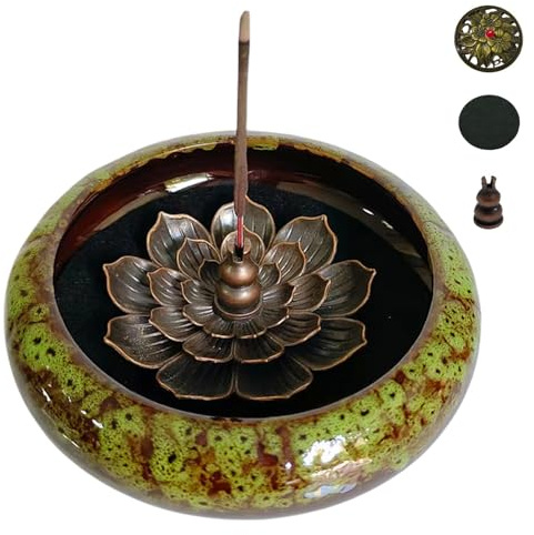 KOPYFANTAP Keramik Räucherstäbchenhalter Lotus mit Deckel, Grün | Räuchergefäß mit Kalebassen Räucherstäbchenhalter, Räucherschale für Meditations & Yoga Räucherstäbchen, Kegel, Räucherwerk