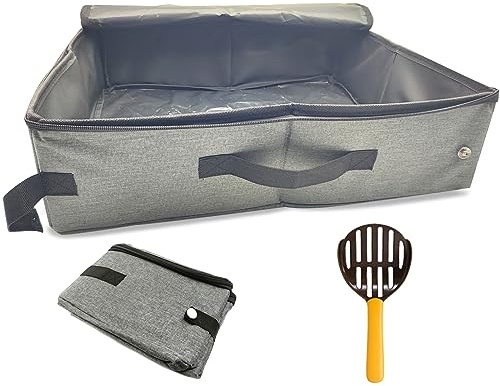 Reise Katzenklo mit Deckel, Faltbares Katzentoilette Tragbar mit Katzenstreu Schaufel für Kitten, Wasserdicht, Langlebig, Leicht zu Reinigen, für Innen, Außen und Auto, 47 * 36 cm, XL, Grau
