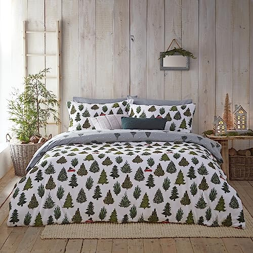 furn. Evergreen Bettwäsche Set (Kieferngrün – Einzelbett) | Wendbare Festtagsbettwäsche mit Tannenbaum- und Punktmuster aus 100 % gebürsteter Baumwolle