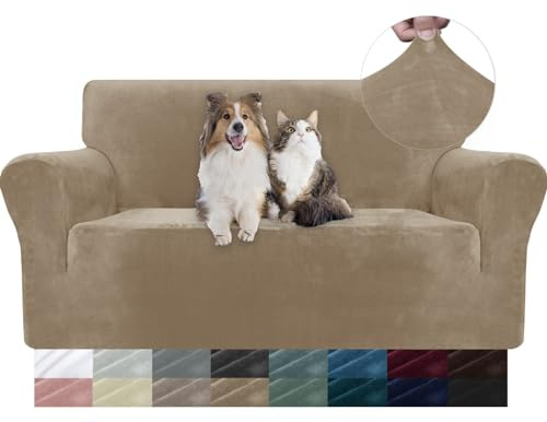 YSTELLAA Funda Sofá Terciopelo 2 Plazas, Ajustable Fundas para Sofa Gruesa, con Reposabrazos, Súper Elástica, Universales, Antideslizante, Antimanchas, Lavable, Camello