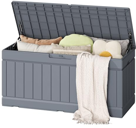 Flamaker Outdoor Storage Box 80 Gallon Resin Waterproof Deck Box Delivery Box with Wood Texture Large Storage Bin for Patio Cushions, (Grey)