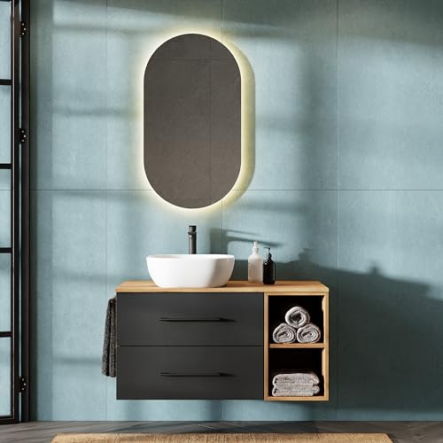 Planetmöbel LUX Badmöbel Set Waschbecken mit Unterschrank | 100 cm hängend, Aufsatz-Waschbecken 42 cm weiß, Waschbeckenunterschrank Gold Eiche/Anthrazit