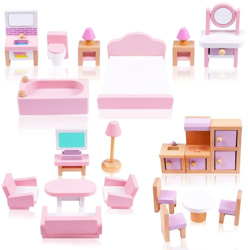 HOTUT Puppenhaus Möbel Set aus Holz, 22 Stück Puppenhaus Zubehör, Mini Puppenhaus Holzmöbel mit Schlafzimmer,Badezimmer,Wohnzimmer, Küchenmöbel,Kinder Spiel Geschenk ab 3 Jahren