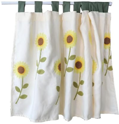 ❀ kurze Gardinen, Küchencafé-Vorhang, handgefertigt, Stickerei, Sonnenblumen-Kurzvorhang mit Schlaufen, Landhausstil, Baumwolle, kleine Fensterbehandlungsplatte (Farbe: Beige, Größe: 90 cm x 11). ( Co