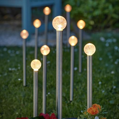 Festive Lights - Pack of 10 Solar Power GlowBall Stainless Steel Stake Lights (2.7m Lit Length) with External Panel - 33.5cm Height, Warm White LEDs, Outdoor Garden Feature for Pathways & Borders