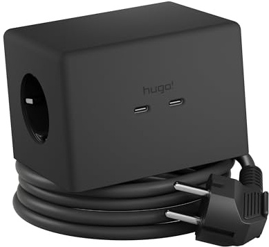 Brennenstuhl hugo! ONE Steckdosenwürfel mit USB C 20W PD, Wireless Charger (Steckdosenleiste USB C, Touch-Schalter, induktive Ladestation mit 2m Kabel) deep black